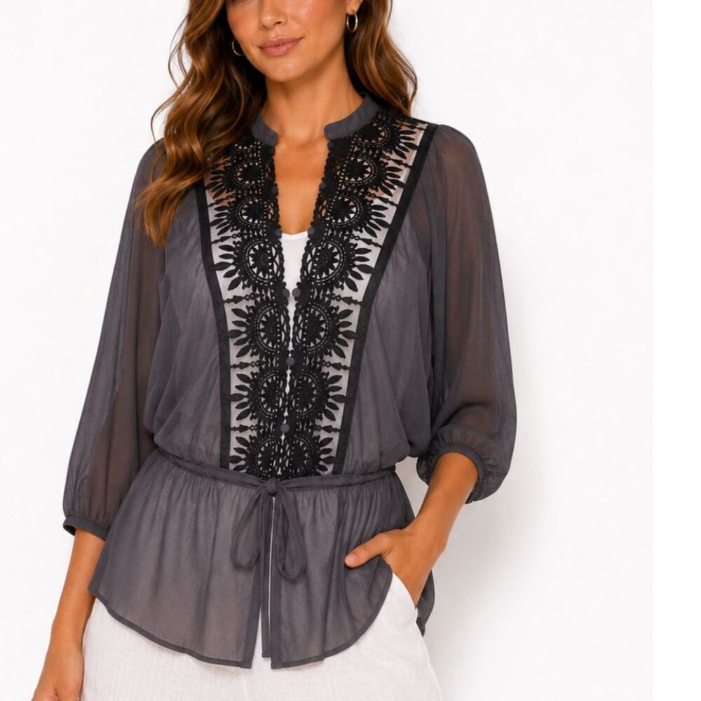 Black Rainn Chiffon Lace V-Neck Blouse Charcoal Grey Boho Sheer Tunic Top XL